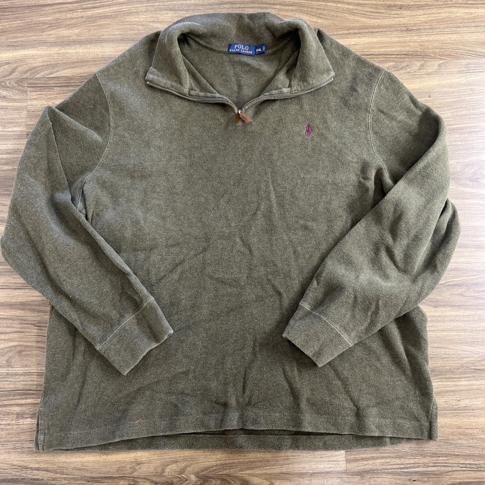 Vintage Polo Ralph Lauren Men's Olive 1/4 Zip Cotton Pullover Size XXL - Picture 1 of 8
